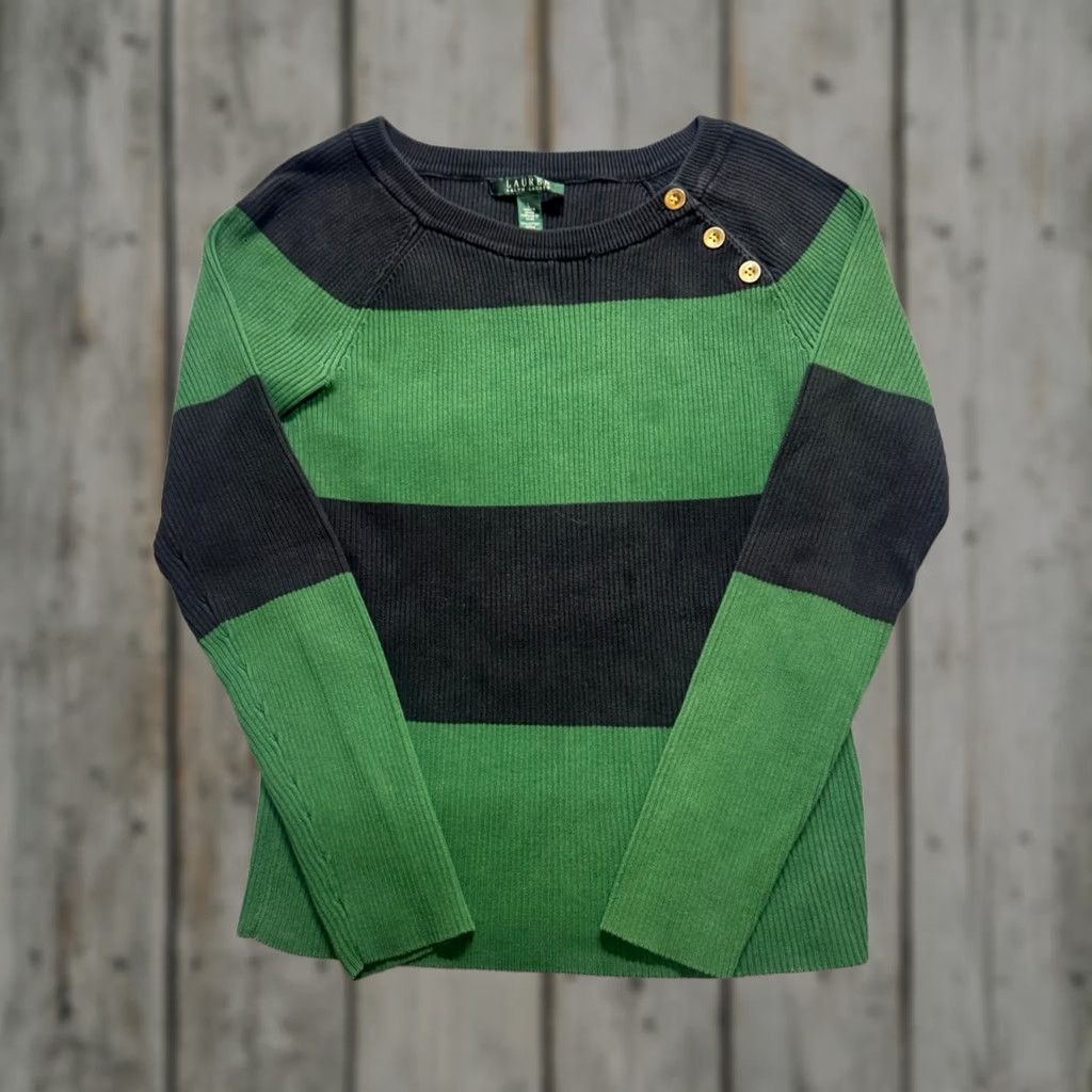 Ralph Lauren Lauren Ralph Lauren Green Black Striped Ribbed Pullover Knit Sweater L Womens Pullover Knit Sweater L Green 90s Y2K Size L / US 10 / IT 46 - 1 Thumbnail
