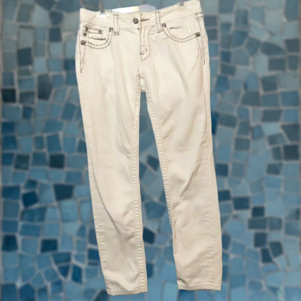 Miss Me Miss Me Signature Skinny Jeans 29 White Embroidered Rhinestone Denim Zip Low Rise Slim Rock Womens Jeans Size 29" - 1 Thumbnail