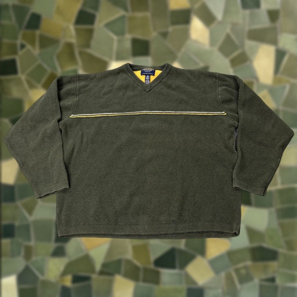 American Eagle Outfitters VINTAGE American Eagle Shirt Mens XL Olive Striped Ramie Cotton V-Neck Pullover 90s Y2K Mens Size US XL / EU 56 / 4 - 1 Thumbnail