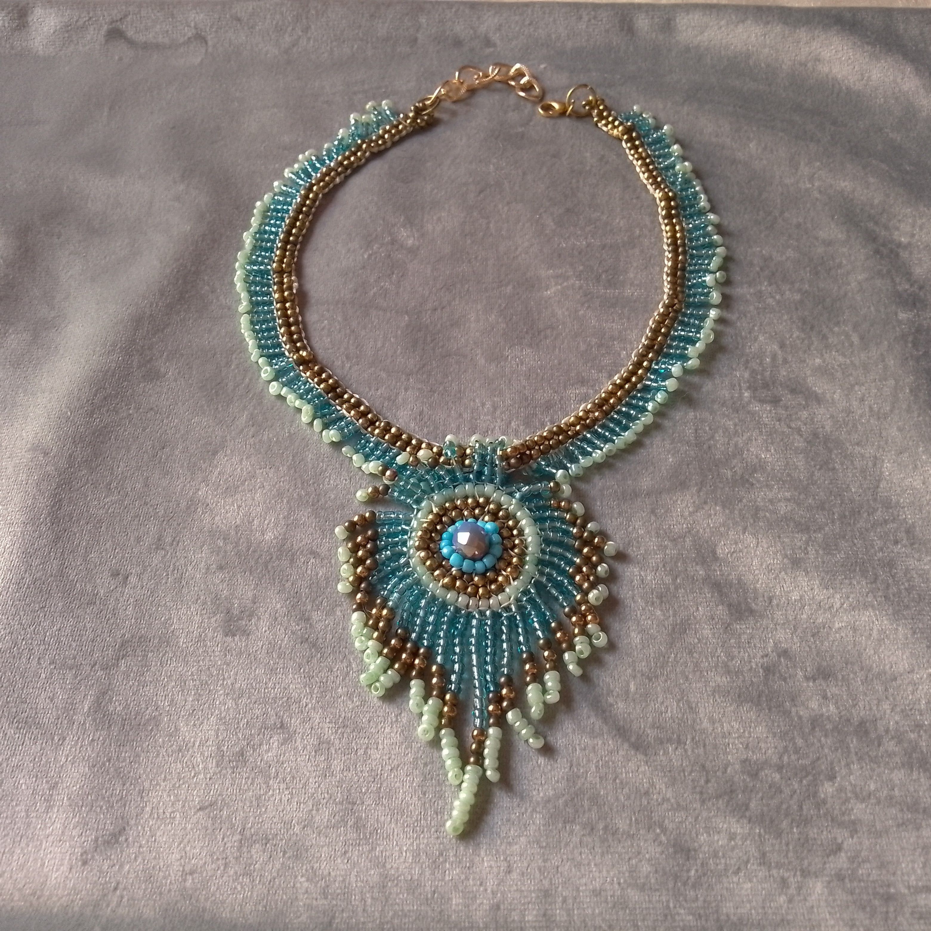 Handmade Necklace Peacock Feather Brass Metallic Glass Blue Crystal Size ONE SIZE - 5 Thumbnail