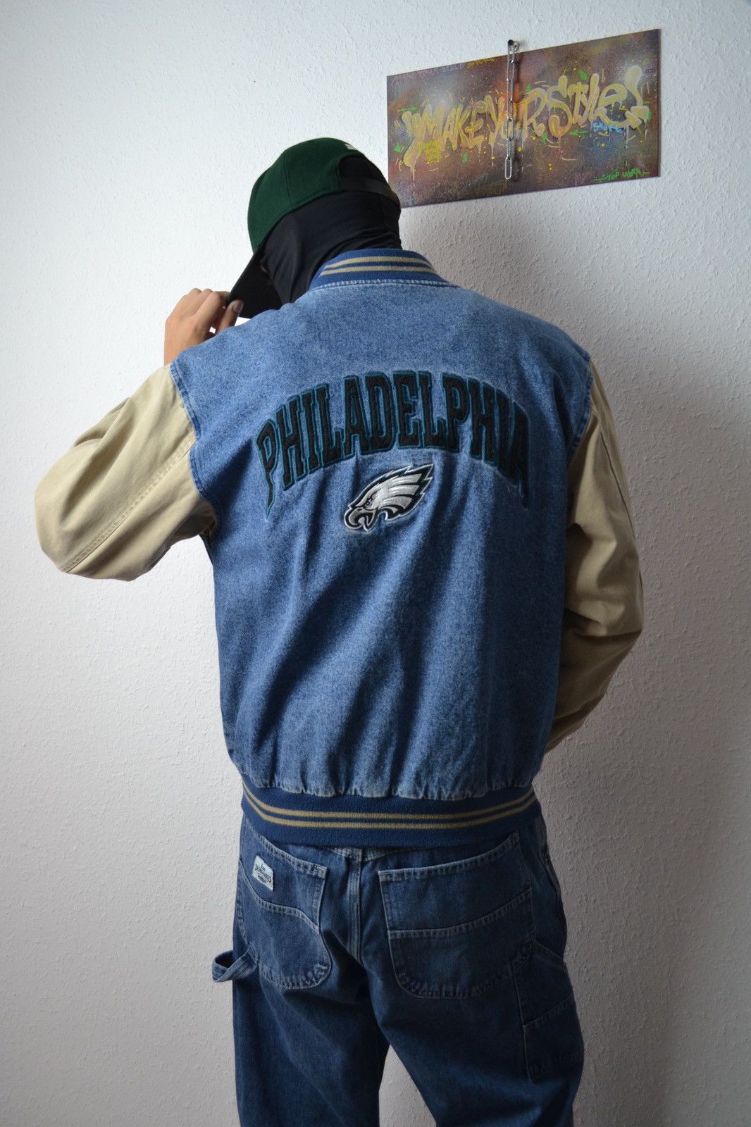 90's Philadelphia Eagles Lee Denim NFL Varsity Bomber Jacket Size