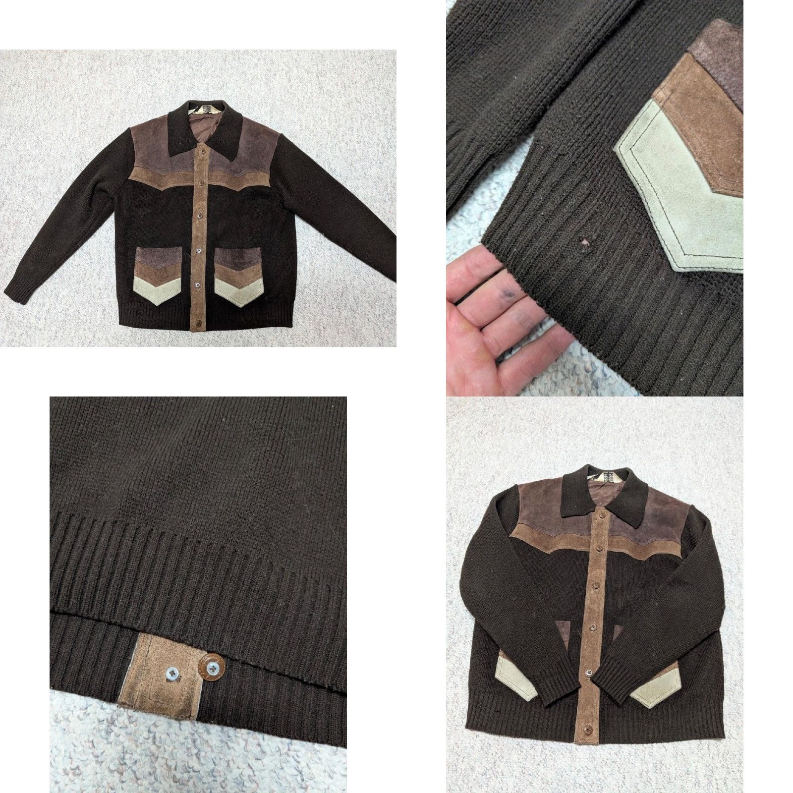 Eddie Bauer VINTAGE Eddie Bauer Sweater Cardigan Men S Wool Knit Wool Blend Leather Elbow Patches Gray/Tan 1970s Cowboy Western Cable-Knit Shawl Neckline 44LX? Size US S / EU 44-46 / 1 - 8 Thumbnail