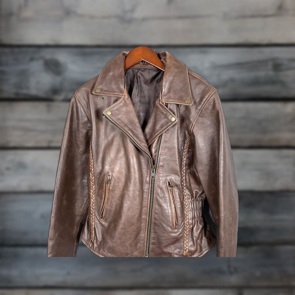 Vintage VINTAGE Motorcycle Leather Jacket Women’s Medium Dark Brown Retro Braided Biker 90s Size M / US 6-8 / IT 42-44 - 1 Thumbnail