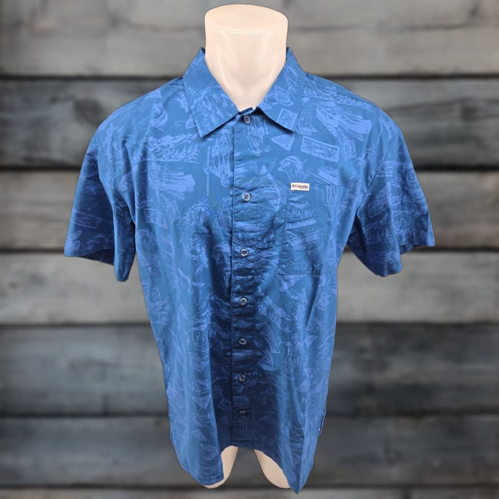 Vintage VINTAGE Columbia Vented PFG Fishing Blue All Over Print Button Down Shirt Size Large Size US L / EU 52-54 / 3 - 1 Thumbnail