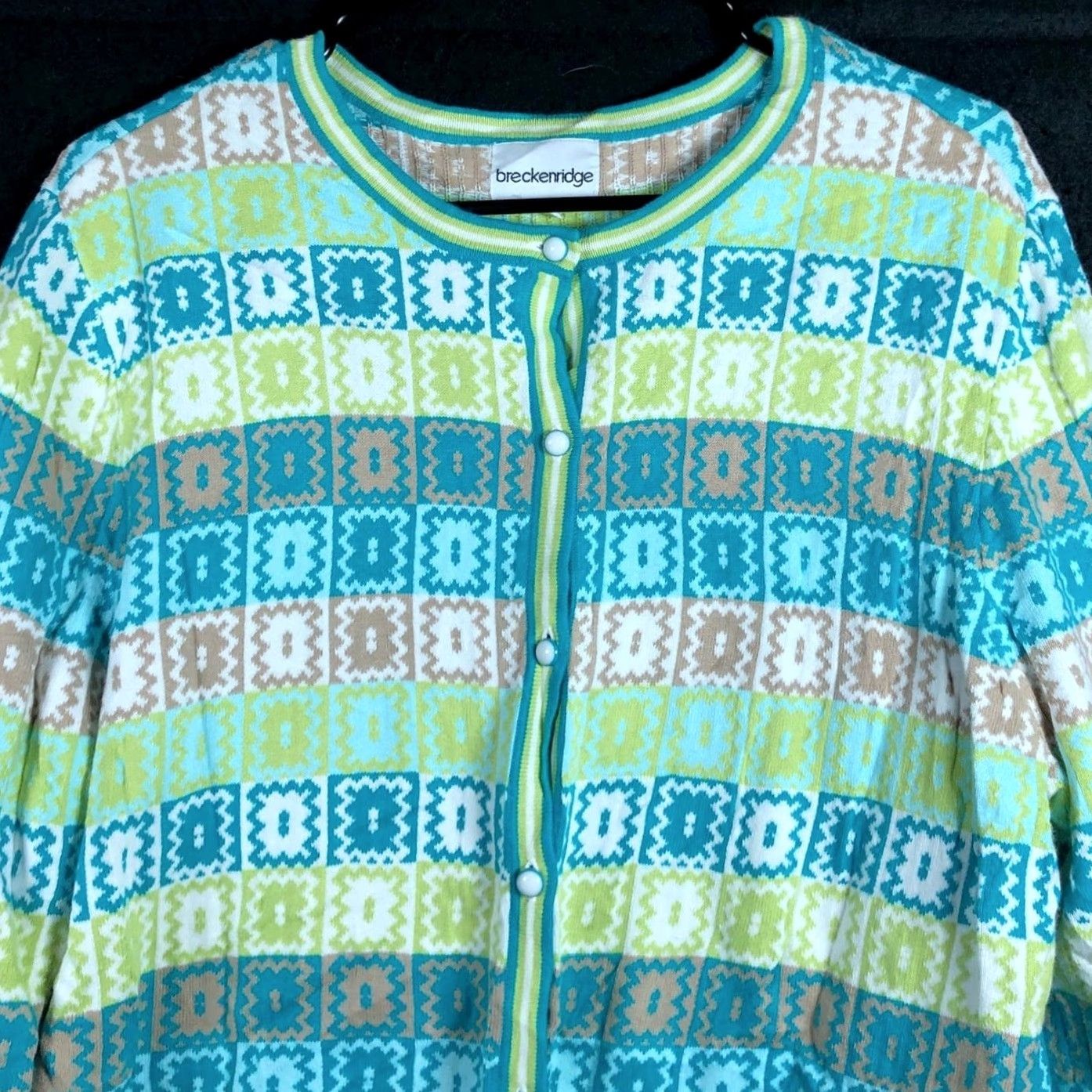Vintage Breckenridge Womens Sweater Green Crew Button Front 100% Cotton Large Cardigan Knit Winter Fall Workwear Casual Mens? Size L / US 10 / IT 46 - 2 Thumbnail