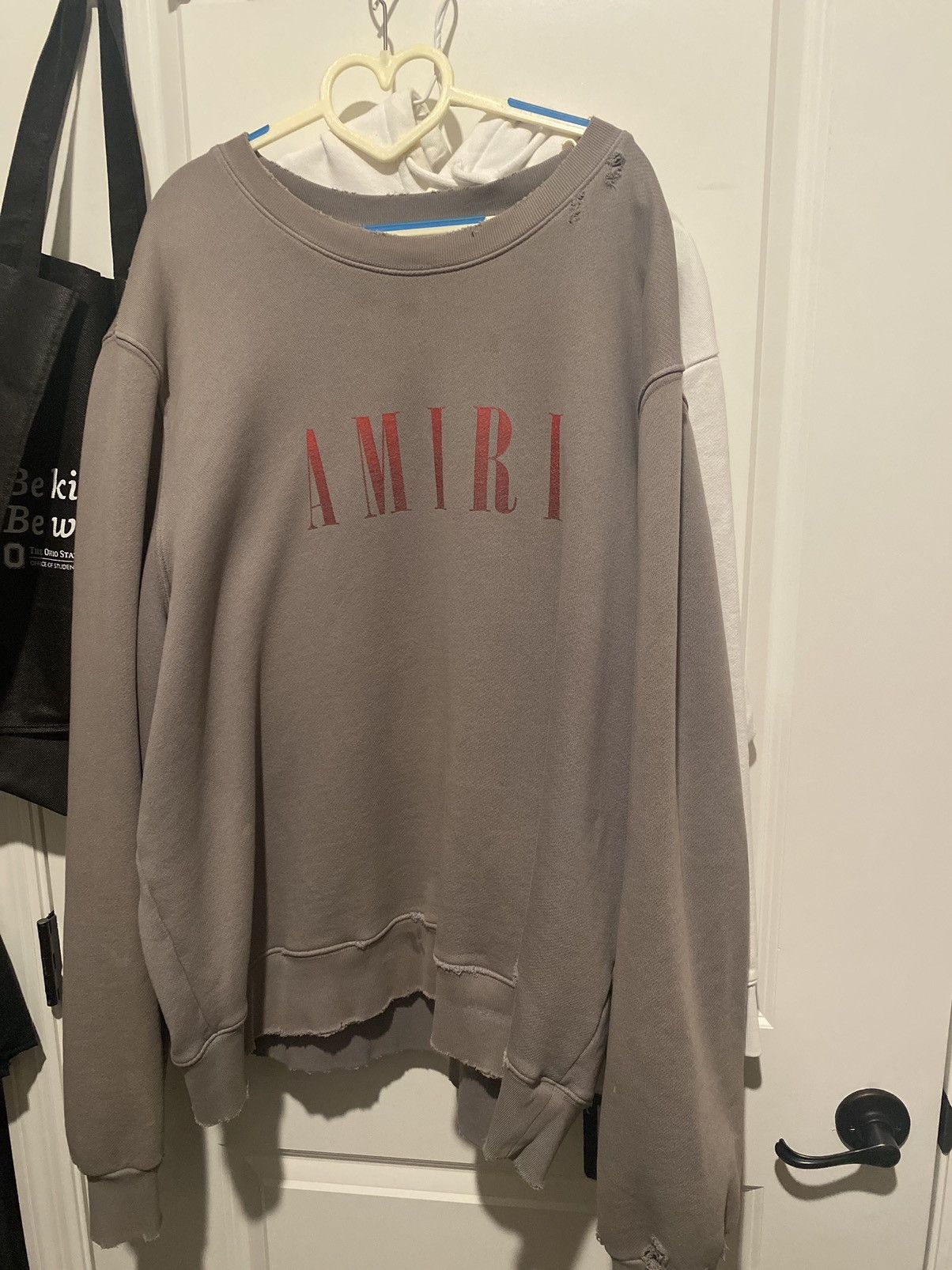 image of Amiri Distressed Core Logo Sweatshirt in Grey, Men's (Size 2XL)