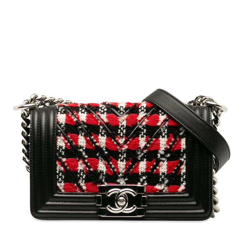 image of Chanel Tweed Chevron Boy Shoulder Bag in Black, Women's