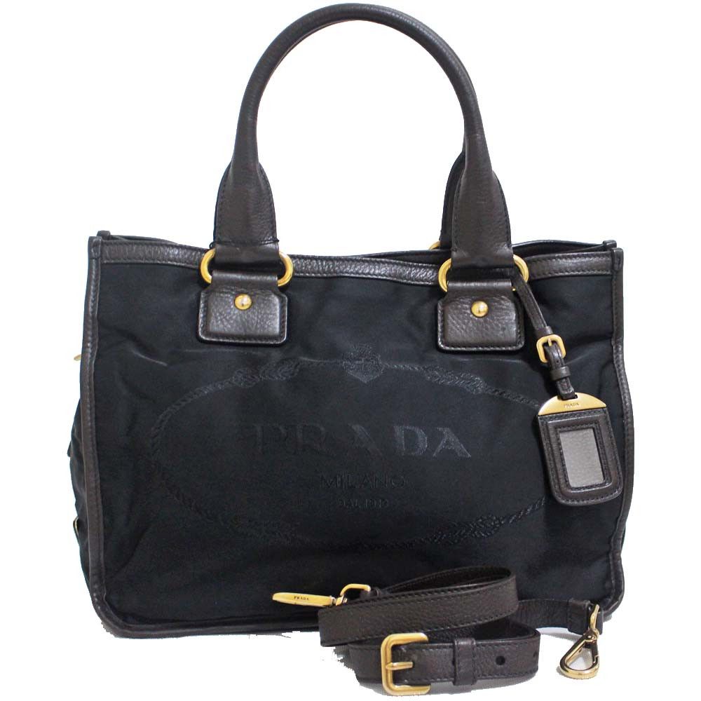 Prada 2 Way Tote Bag Black Nylon Leather