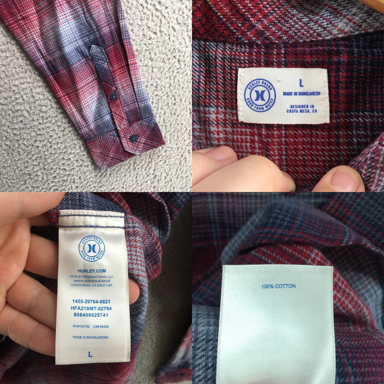 Hurley Hurley Button Up Casual Shirt Mens Large Red Plaid Cotton Long Sleeve Collared Size US L / EU 52-54 / 3 - 9 Thumbnail