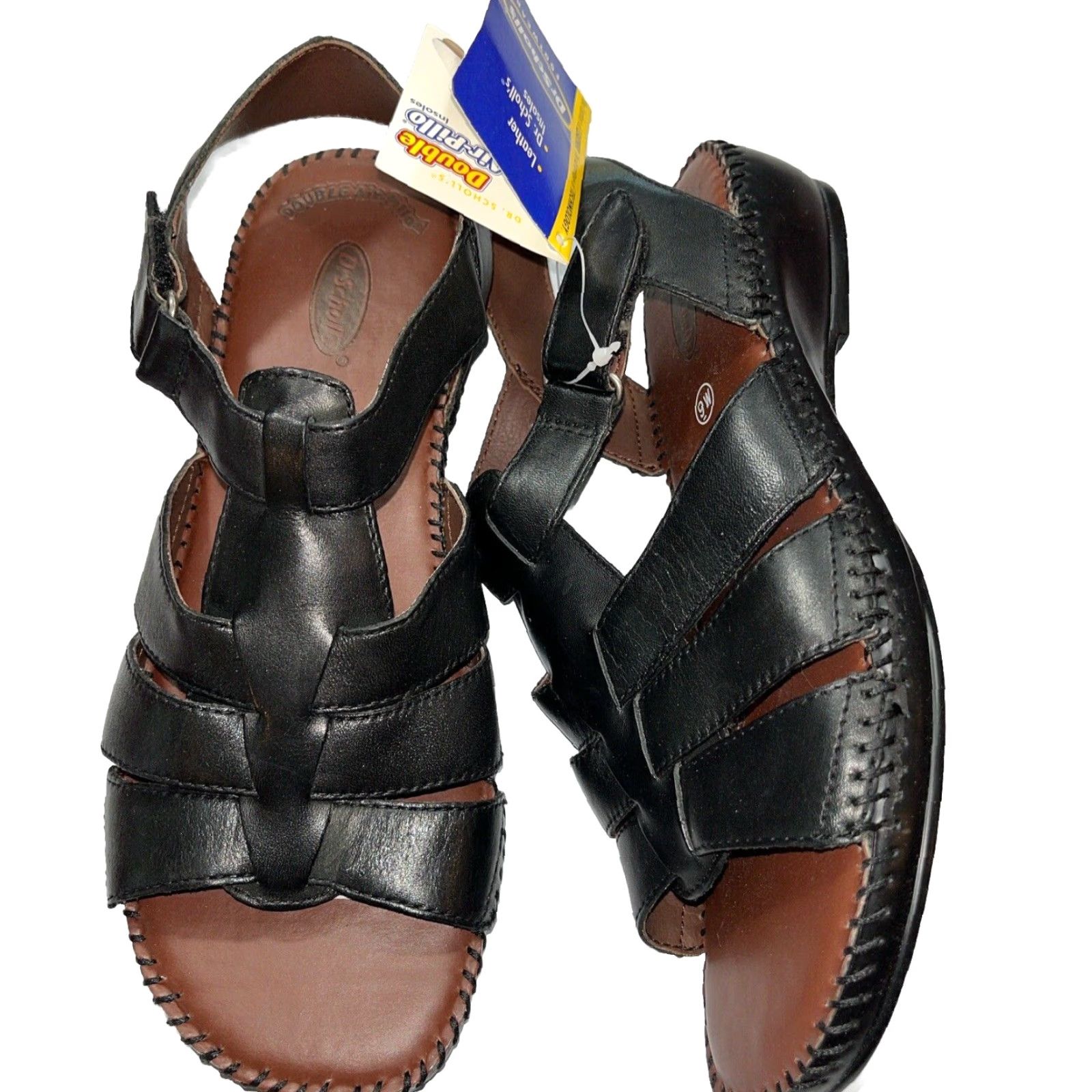Vintage Dr. Scholl's Black Fisherman Leather Strap Open Toe Sandals W Women's 9 Wide Straps Flat Comfort Size US 9 / IT 39 - 2 Thumbnail