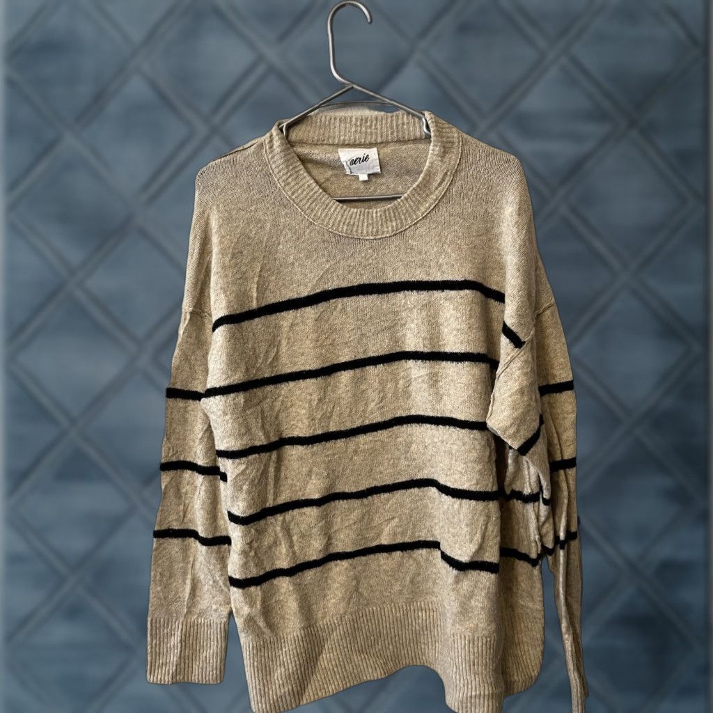 Vintage Aerie Women Beige Black Striped Knit Oversized Sweater Crew Neck Size M Size M / US 6-8 / IT 42-44 - 1 Thumbnail