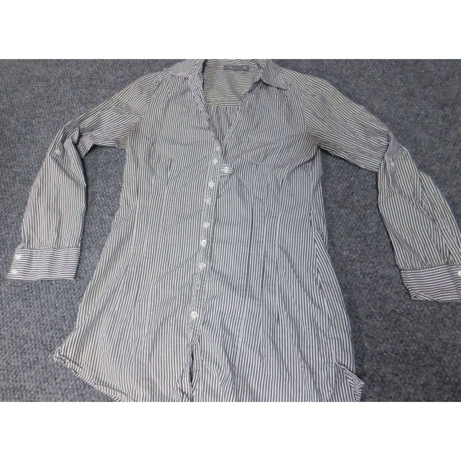 Apt. 9 Apt 9 Womens Blouse Small Gray Striped Button Down Shirt Casual Sleeve Collared Cotton Polyester Regular Basic Vintage No Size S / US 4 / IT 40 - 2 Thumbnail