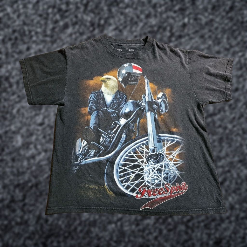 Vintage VINTAGE Hudson Creek Mens XL T-Shirt Black Short Sleeve Crew Neck Eagle Motorcycle Free Spirit Distressed Graphic Double Check 90s Mens Size US XL / EU 56 / 4 - 1 Thumbnail