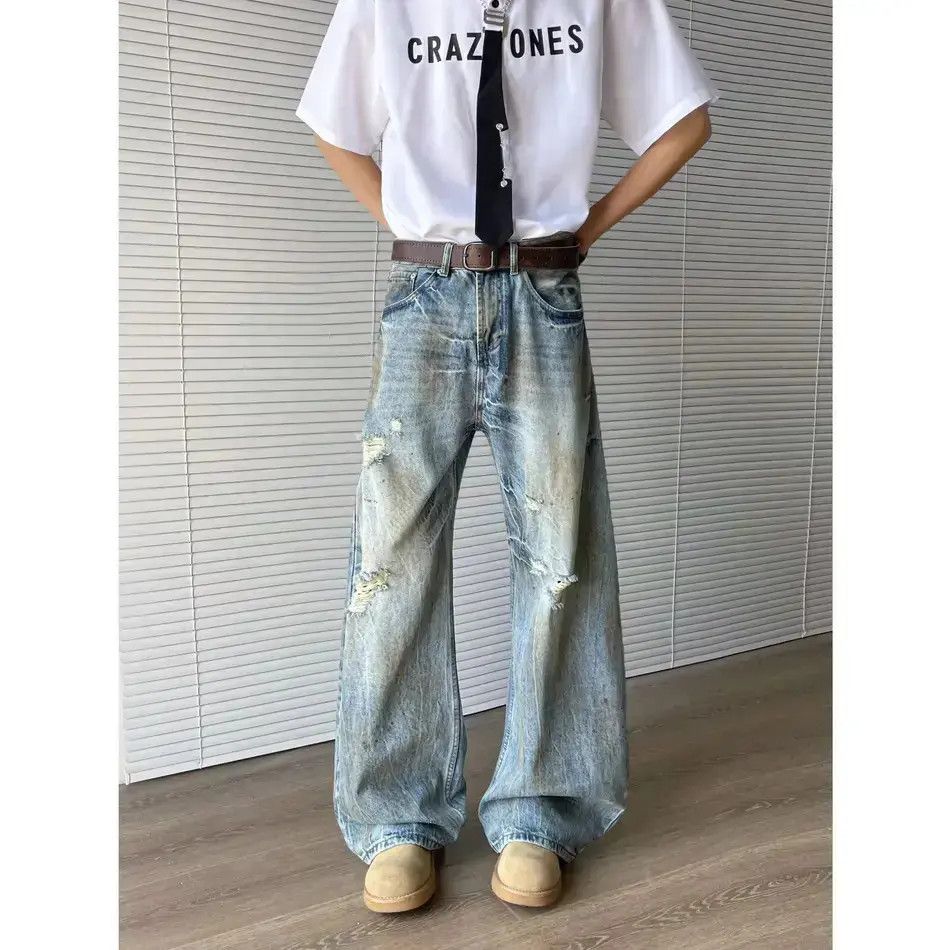 Japanese Brand Retro loose straight leg ripped jeans Size US 32 / EU 48 - 2 Thumbnail