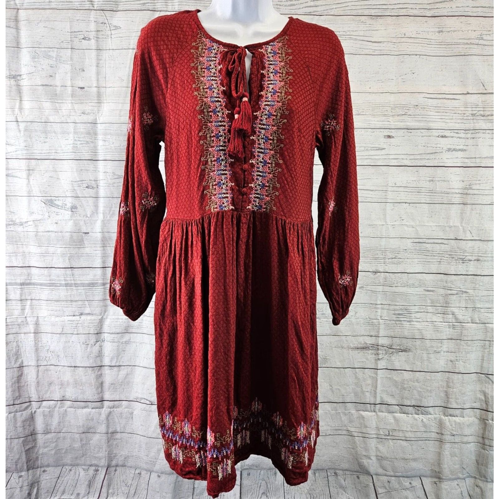Vintage Knox Rose Dress Womens XS Red Pink Embroidered Long Sleeve Tassels Size XS / US 0-2 / IT 36-38 - 2 Thumbnail