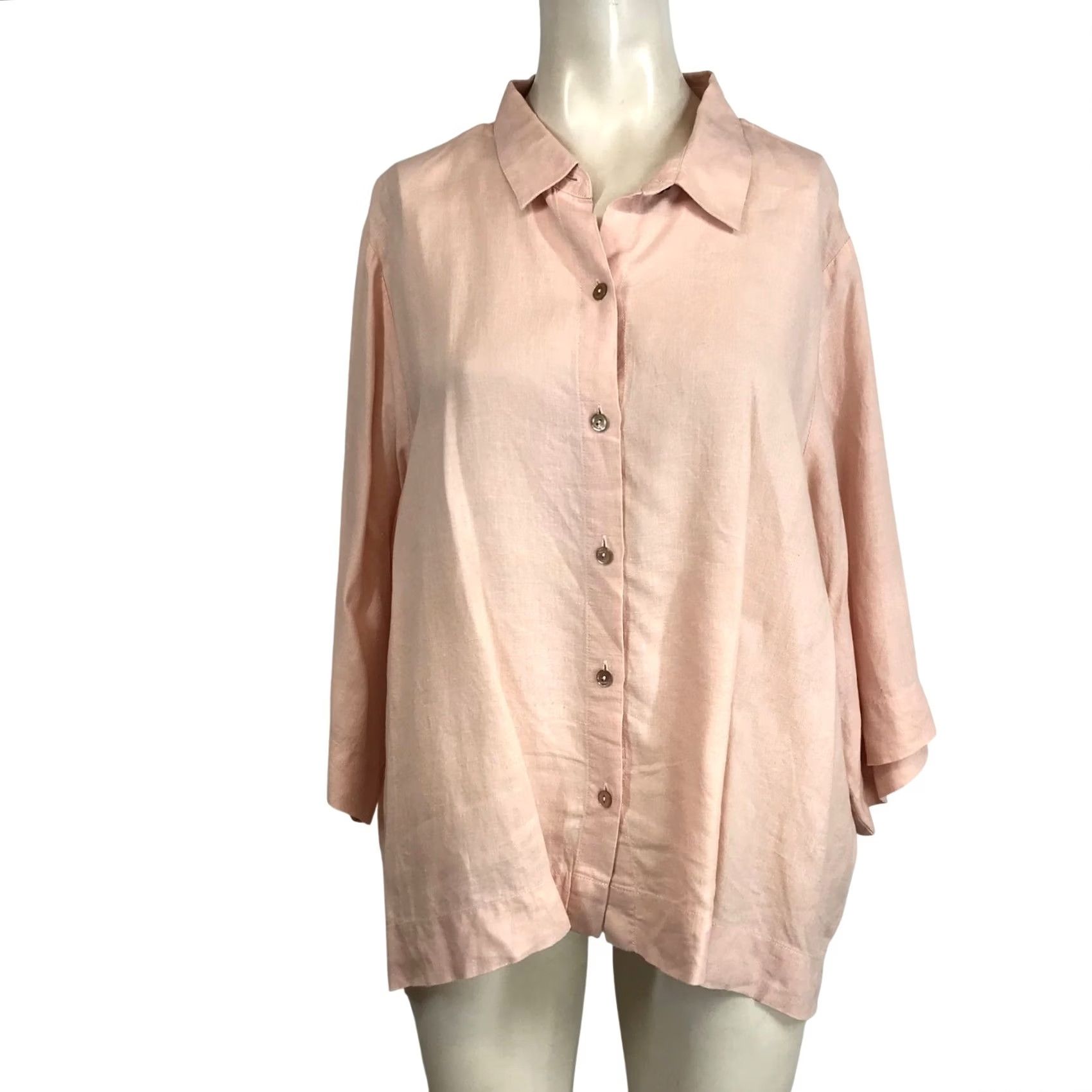 Eileen Fisher Eileen Fisher Womens Pink Linen Blend Button Up Shirt 3/4 Sleeve Collared Top Size L / US 10 / IT 46 - 2 Thumbnail