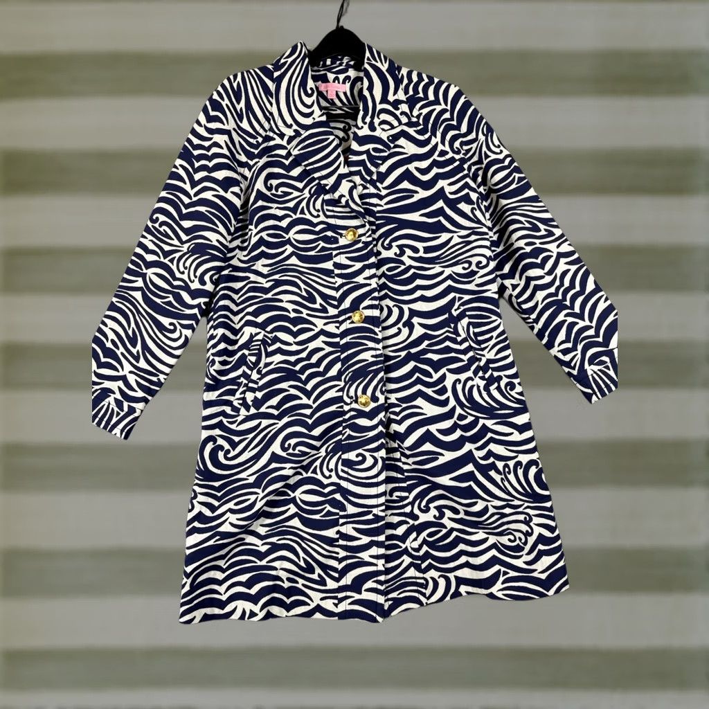 Lilly Pulitzer Lilly Pulitzer Overcoat Jacket Womens M Blue White Abstract Swirl Print Pockets Long Sleeve Size M / US 6-8 / IT 42-44 - 1 Thumbnail