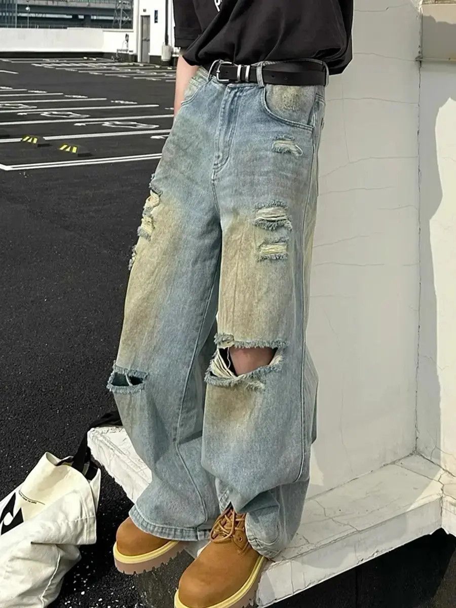 Japanese Brand Loose straight leg ripped jeans Size US 32 / EU 48 - 2 Thumbnail