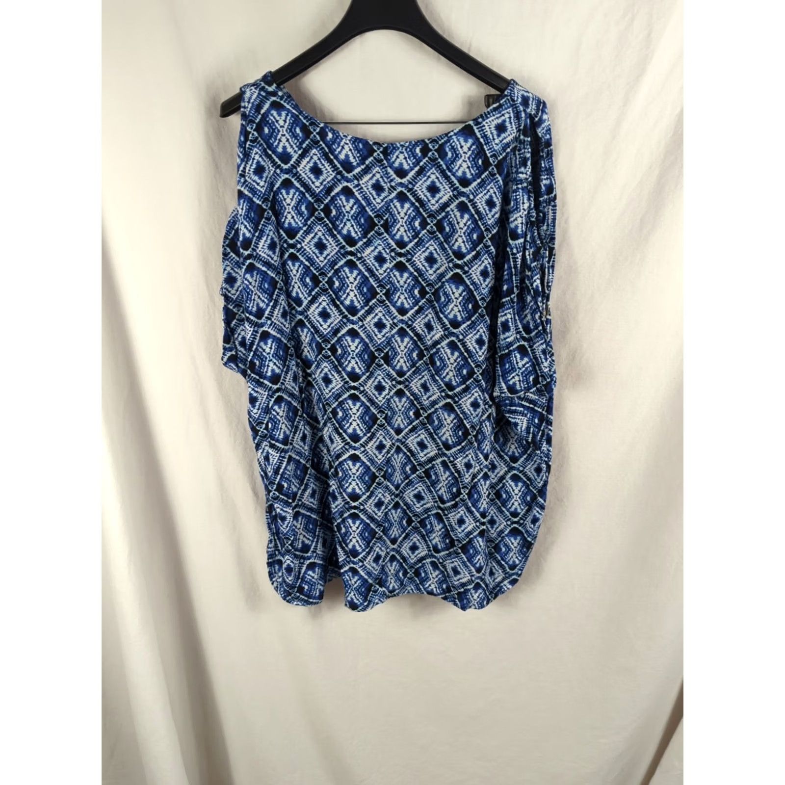Vintage Allison Brittney Women's Plus Size 2X Blue Geometric Top Cold Shoulder boho Blouse Size XXL / US 16-18 / IT 52-54 - 6 Thumbnail