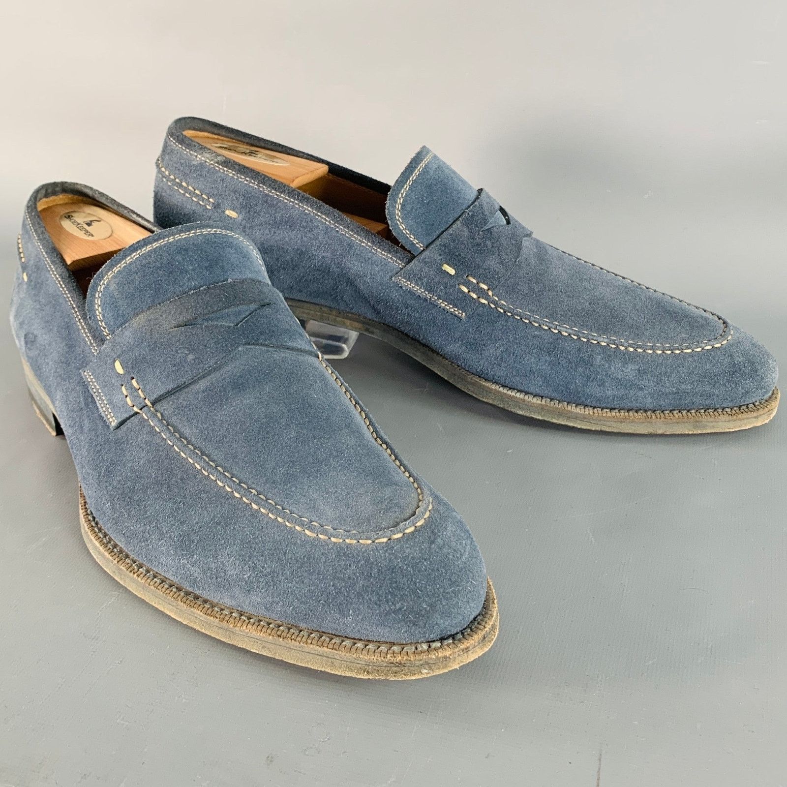 Magnanni Size 11 Blue Grey Contrast Stitch Suede Penny Loafers Size US 11 / EU 44 - 1 Thumbnail