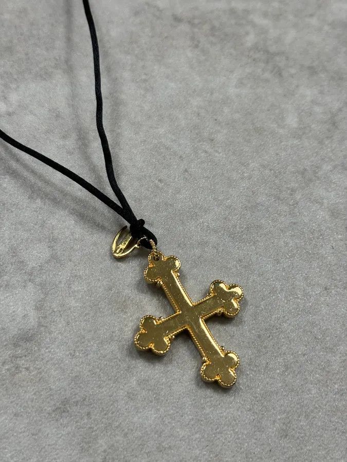 Roberto Cavalli Cavalli Gold Metal Cross Pendant with Striped Detail Necklace Size ONE SIZE - 6 Thumbnail