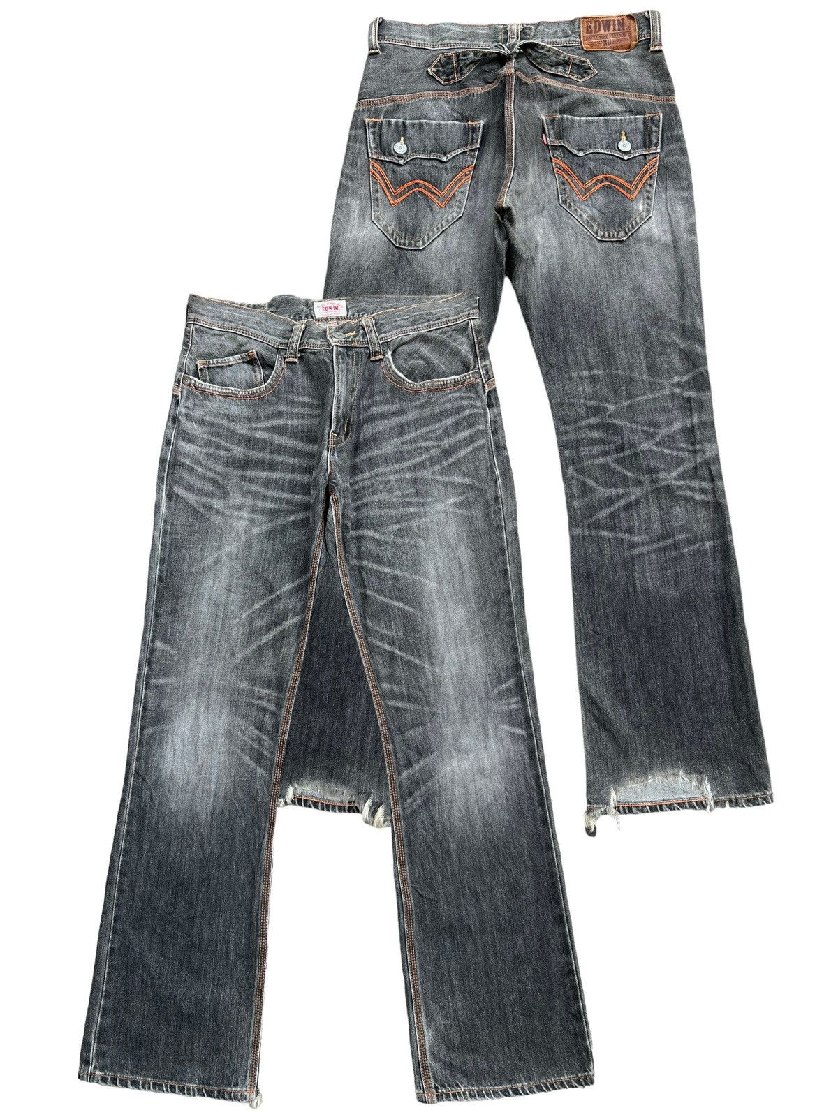image of Distressed Denim x Edwin Vintage Edwin Xv Distressed Flare Denim Jeans 36X35 in Charcoal Black
