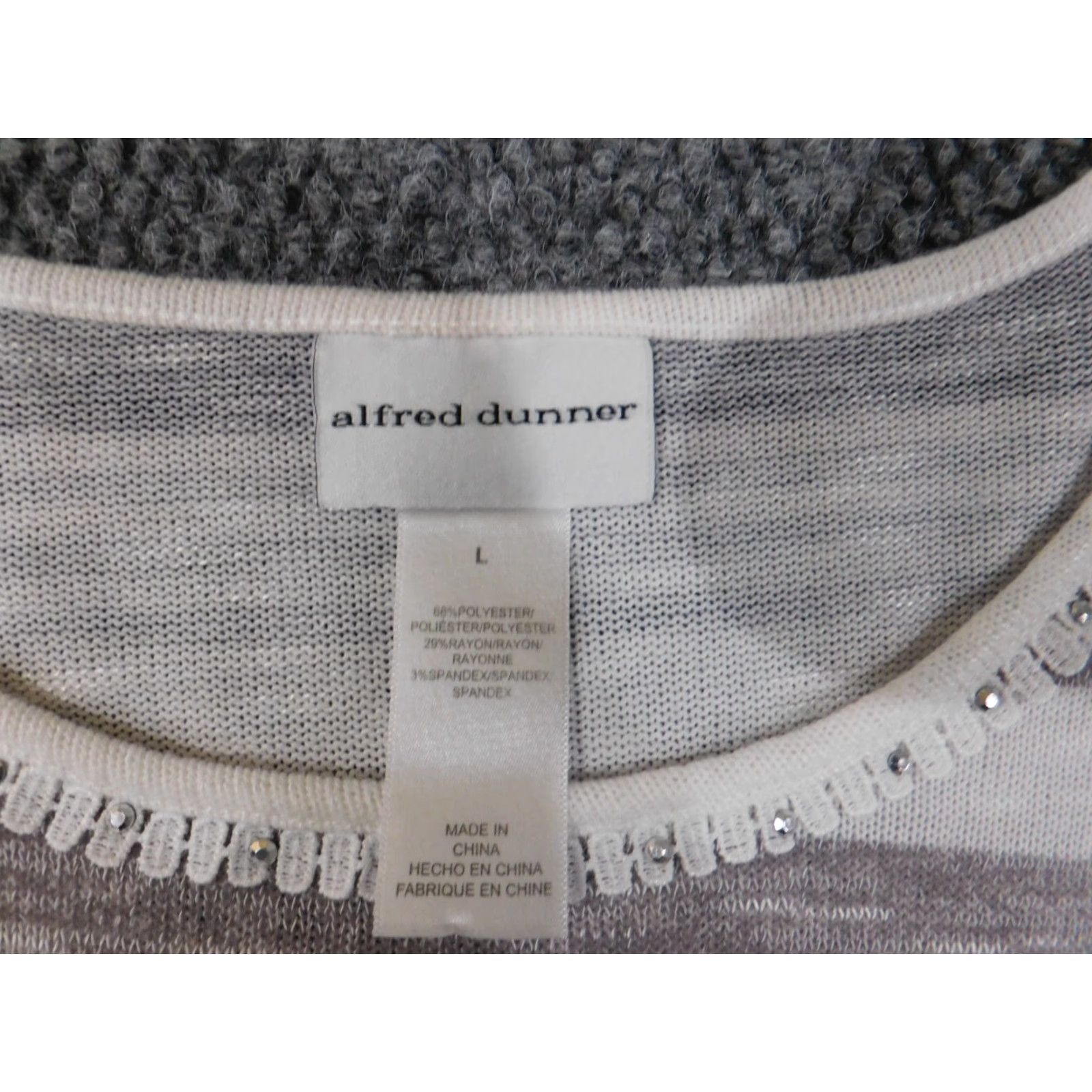 Vintage Alfred Dunner Sweater Women L Gray Striped Pullover Knit Raglan Sleeve Crew Neck Stretch Embellishments Vintage No Size L / US 10 / IT 46 - 5 Thumbnail