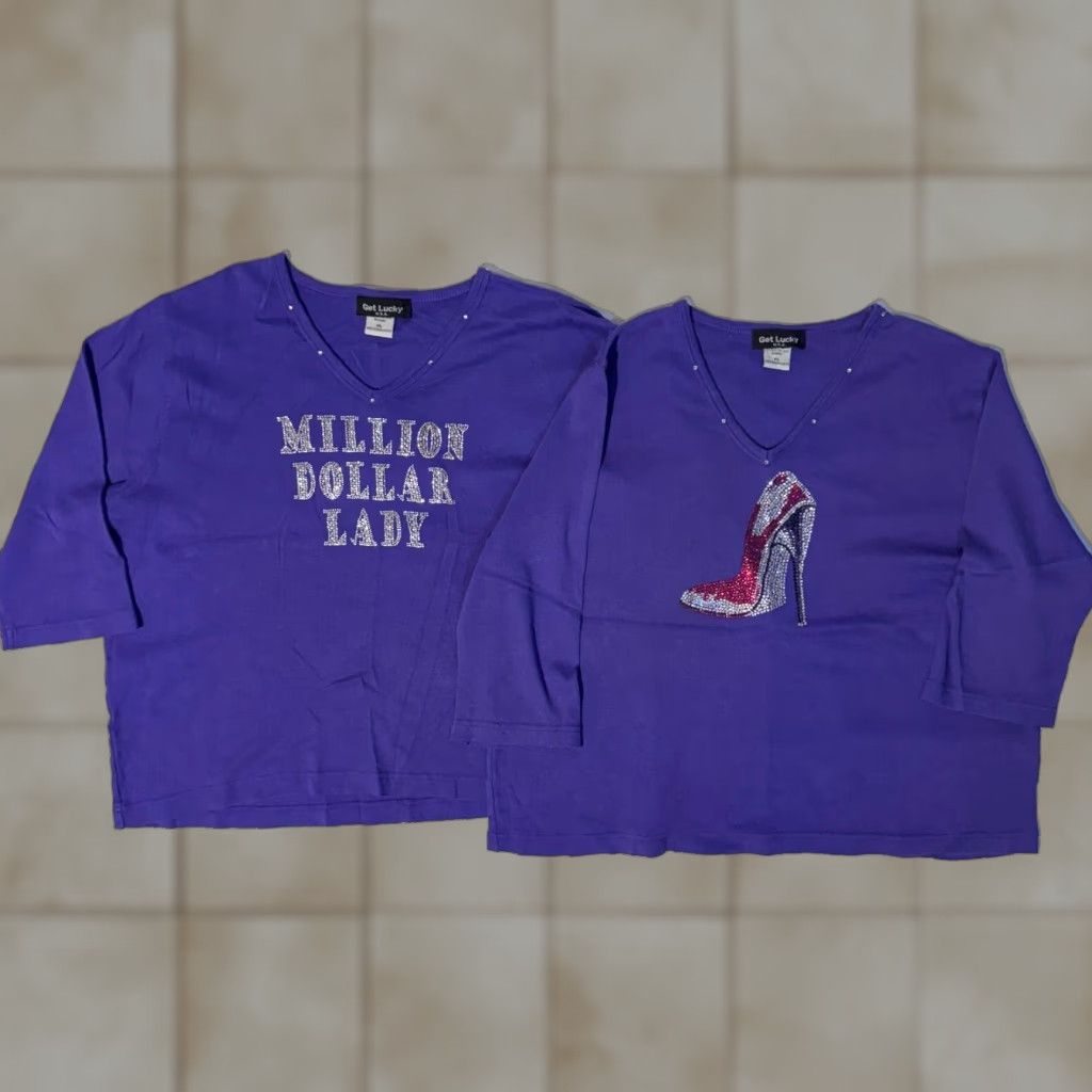 Vintage Get Lucky Tshirt 3/4 Sleeve Purple Rhinestone Bling Logo XL Lot Of 2 USA Size XL / US 12-14 / IT 48-50 - 1 Thumbnail