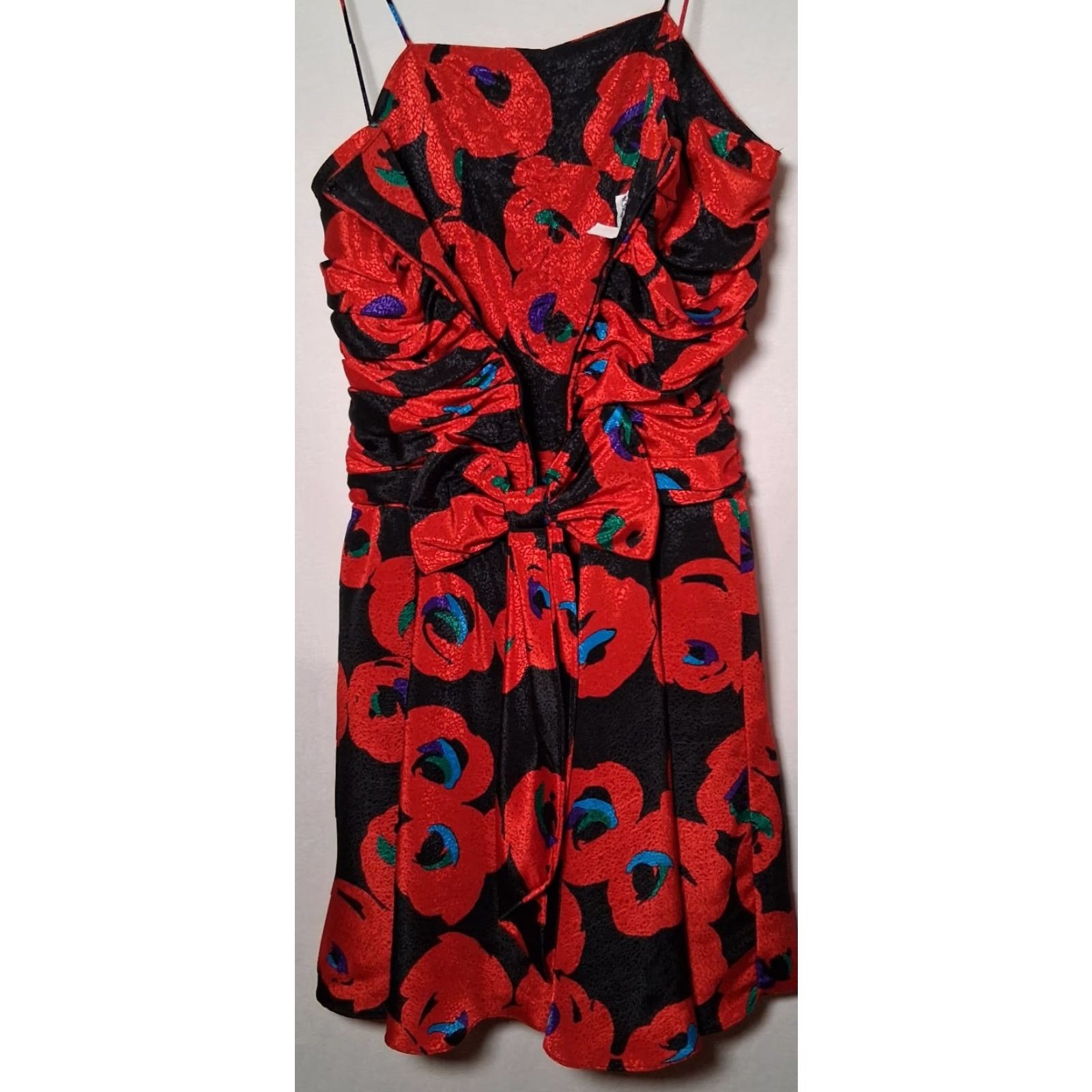 Vintage VINTAGE Apostrophe 1980s Party Dress Red Black Floral Satin Sleeveless Spaghetti Zips back Giant bow Tulle lining Dress Women's Size XL / US 12-14 / IT 48-50 - 3 Thumbnail