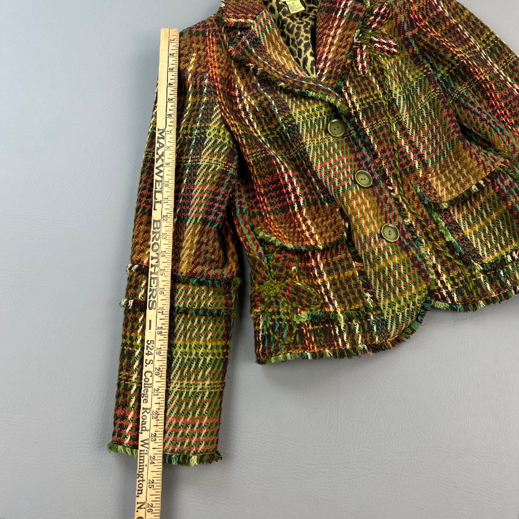 Vintage VINTAGE Tres Jolie Jacket Women's 8 Plaid Tweed Green Fringe Leopard Lined Blazer Size M / US 6-8 / IT 42-44 - 7 Thumbnail