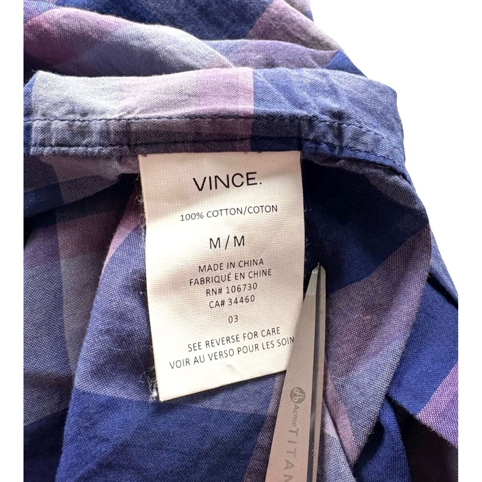Vince Vince Men’s Shirt Plaid Button-Down 100% Cotton Purple Medium Size US M / EU 48-50 / 2 - 4 Thumbnail