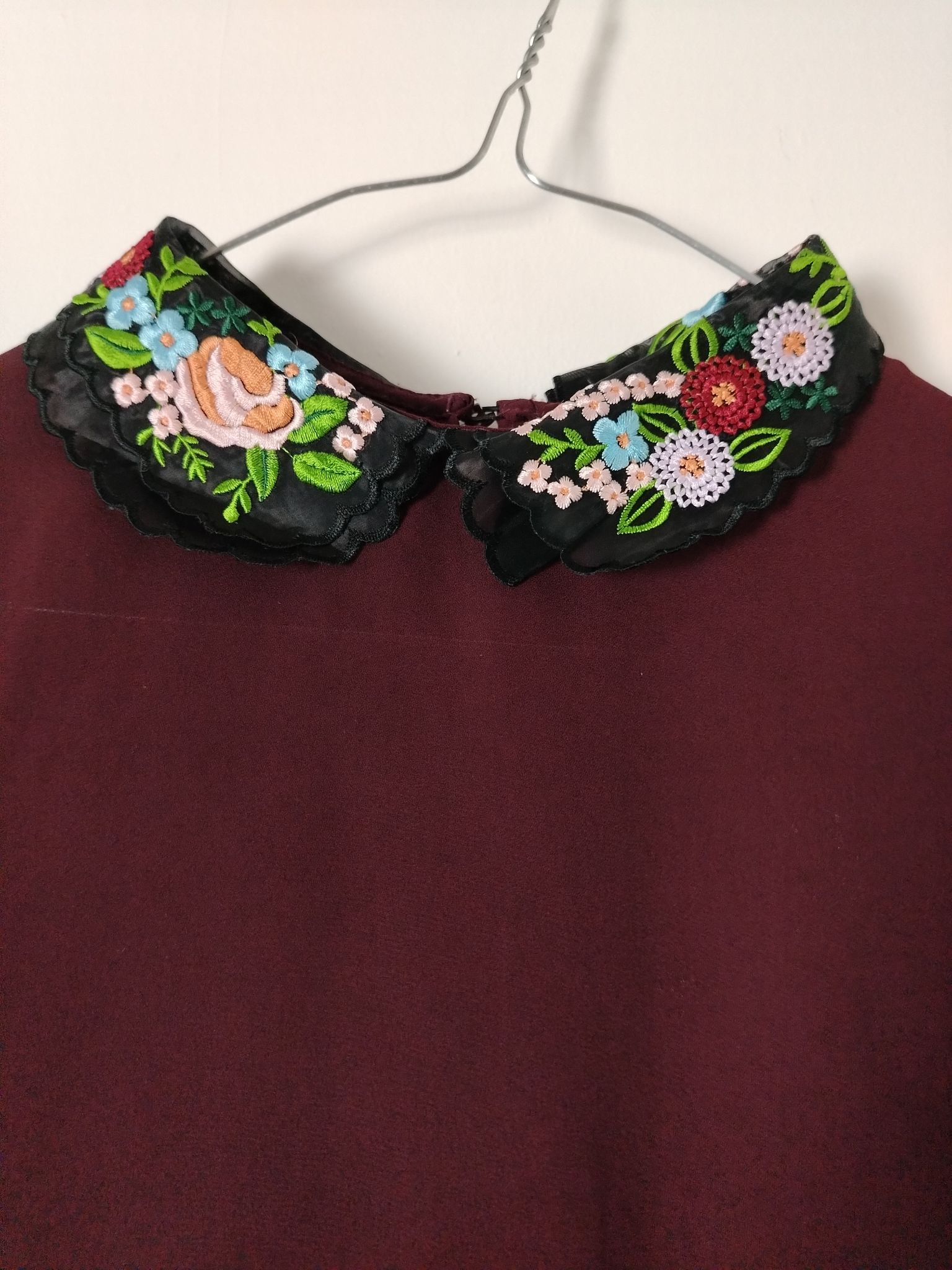 New Look New Look Blouse Womens UK 8 Burgundy Embroidered Peter Pan Size M / US 6-8 / IT 42-44 - 6 Thumbnail