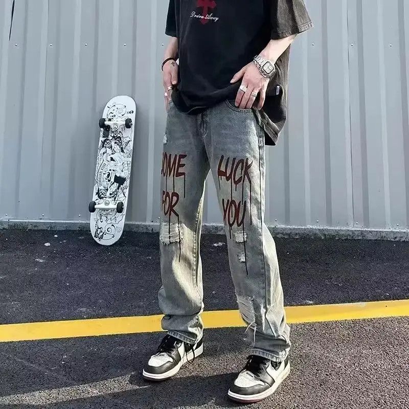 Japanese Brand Hip hop high street letter printed ripped jeans Size US 32 / EU 48 - 1 Thumbnail