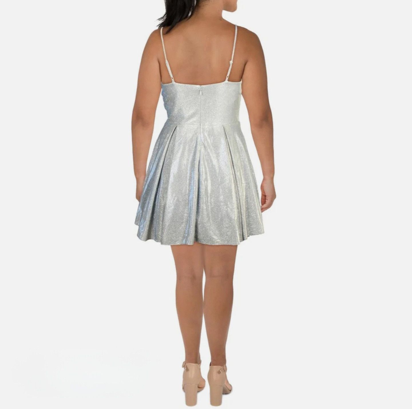 Other Blondie Nites Silver Metallic Ruffled Fit & Flare Dress Size L / US 10 / IT 46 - 2 Thumbnail