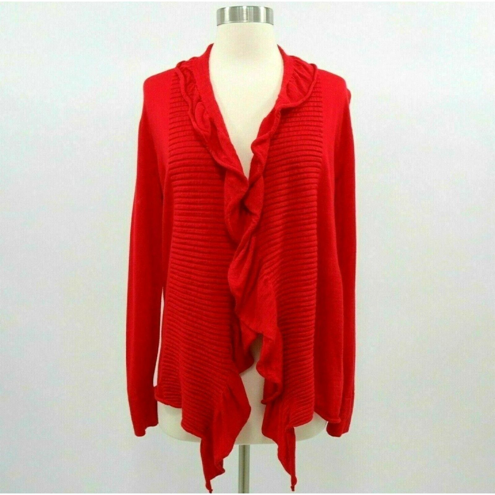 image of Vintage Lafayette 148 Cardigan Womens 120's Wool Ruffled Draped Open Front S Small Red in White