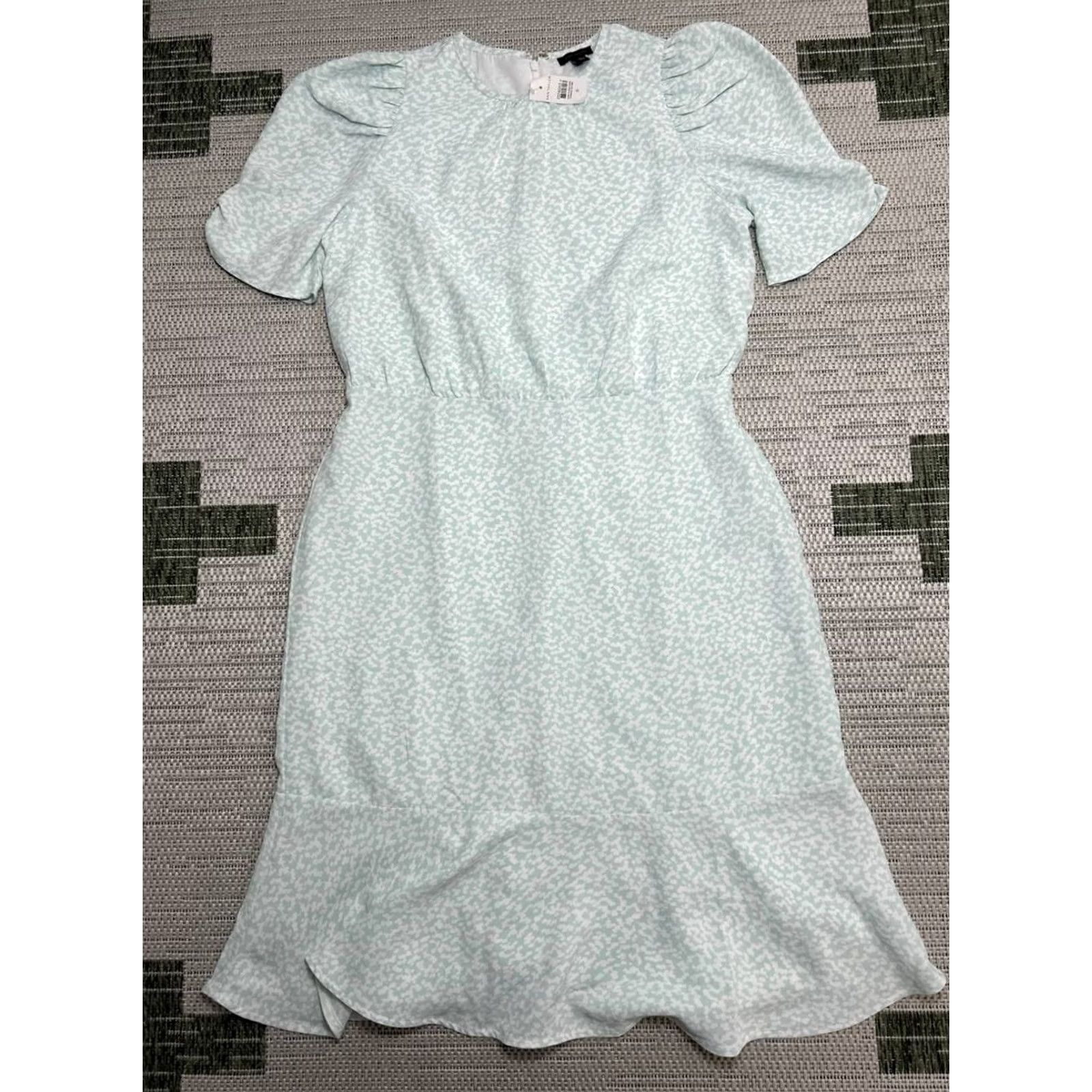 Ann Taylor Ann Taylor Dress Womens 8 Fit & Flare Green Dappled Puff Sleeve Back Zip Short Sleeve Casual Party/Cocktail Size M / US 6-8 / IT 42-44 - 2 Thumbnail