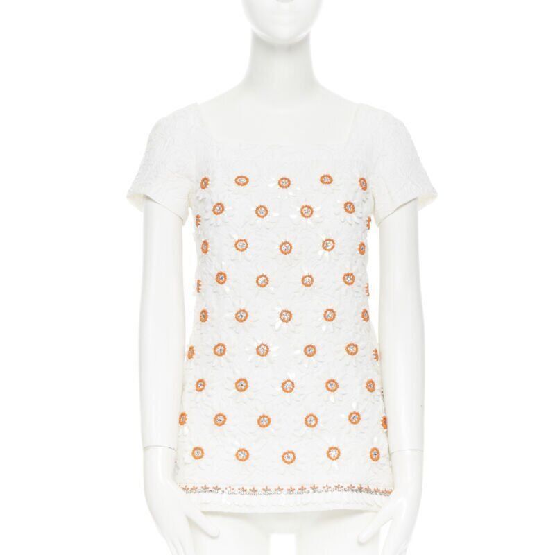 Moschino MOSCHINO white cloque cotton orange bead crystal floral embellished top IT38 Size XS / US 0-2 / IT 36-38 - 1 Thumbnail