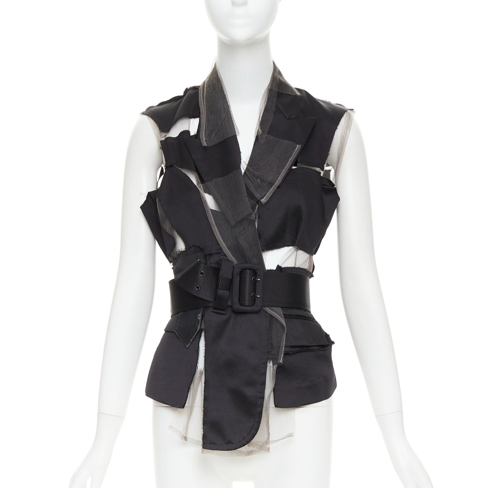 Comme des Garcons COMME DES GARCONS 2007 Runway black satin sheer patchwork tulle belted vest S Size S / US 4 / IT 40 - 1 Thumbnail