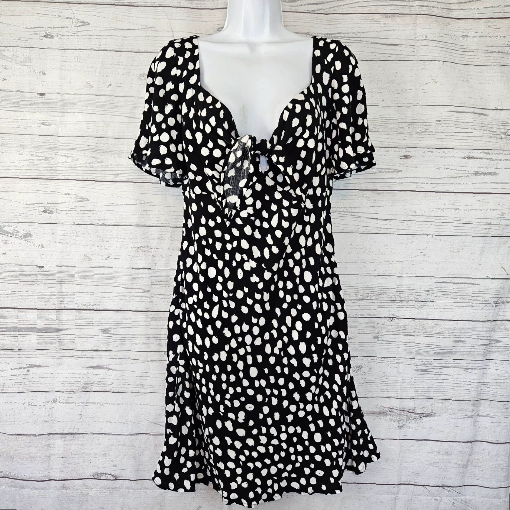 Loft Ann Taylor LOFT Womens Dress Small Black White Tie Front Short Sleeve Viscose Size 28" / US 6 / IT 42 - 2 Thumbnail