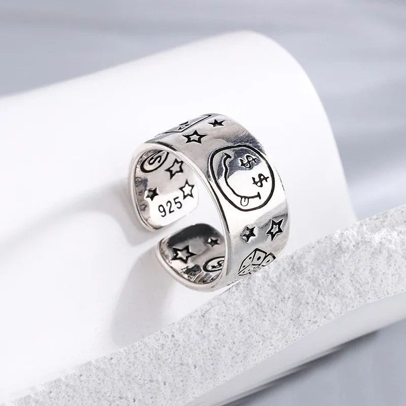 Jewelry × Vintage Personality Smile Face Poker Dice Design Vintage Thai Silver Size ONE SIZE - 4 Thumbnail