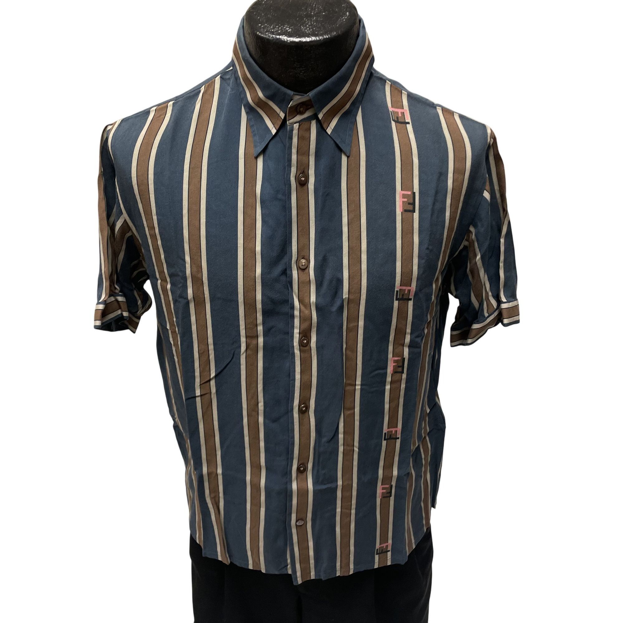 Fendi Fendi Blue Stripe PANEL Logo Rayon Rockabilly Shirt Size US M / EU 48-50 / 2 - 3 Thumbnail