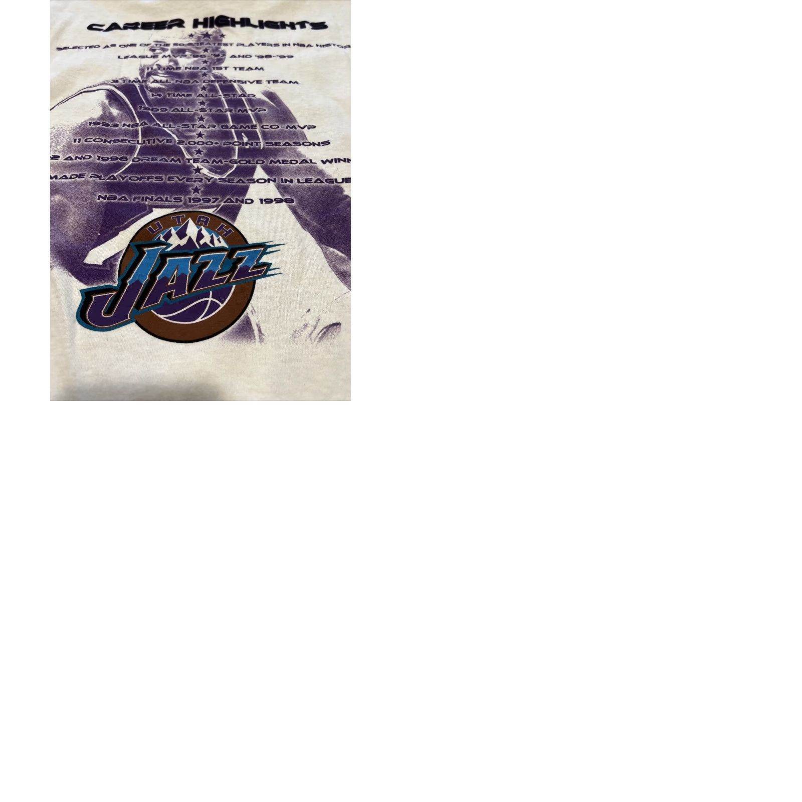 NBA VINTAGE Utah Jazz T Shirt Men XL Karl Malone Double Sided Bright Graphic Print NBA Shirt Men XL White 1990s Graphic Tee Mens NBA Sportswear/Beach Size US XL / EU 56 / 4 - 9 Thumbnail