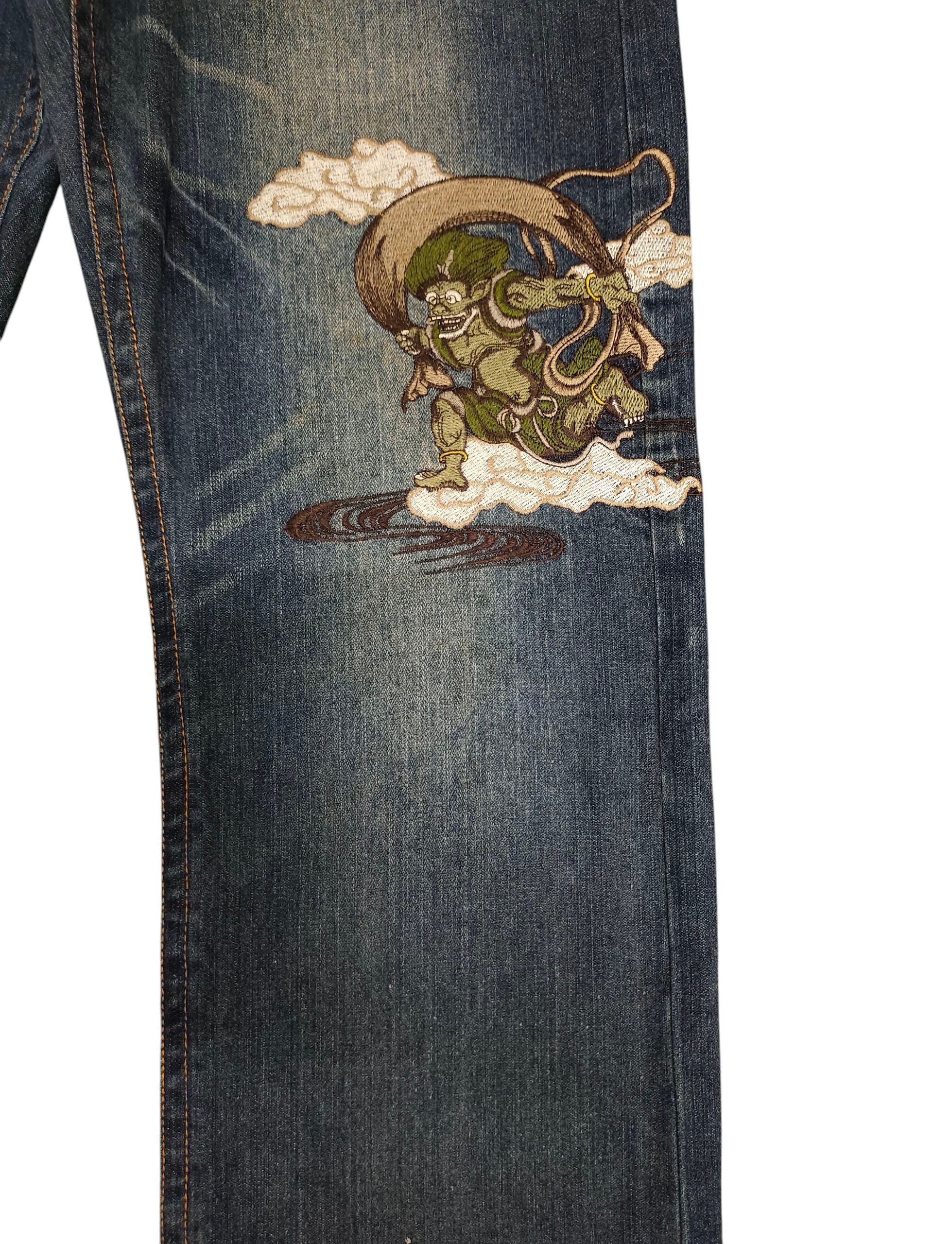 Karakuri Tamashii Japanese Sukajan Seku Raijin and Fujin Embroidered Jeans Size US 35 - 3 Thumbnail