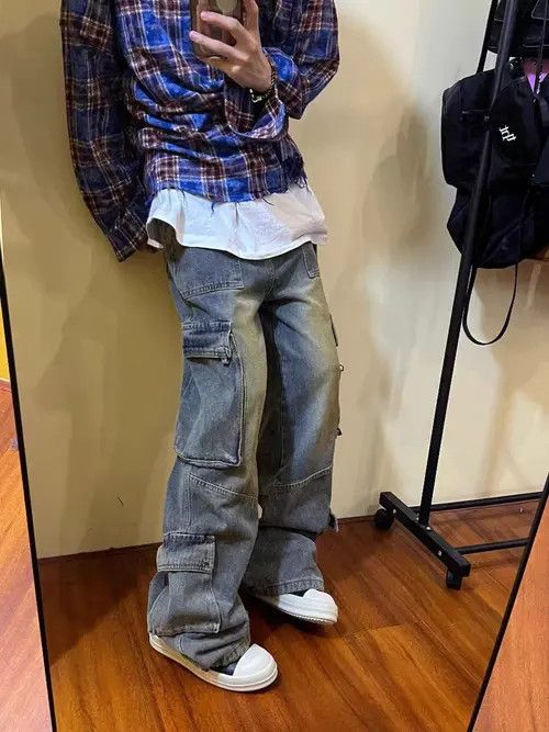 image of Vintage Washed Multi-Pocket Cargo Jeans in Yellow Mud Dye, Men's (Size 32)