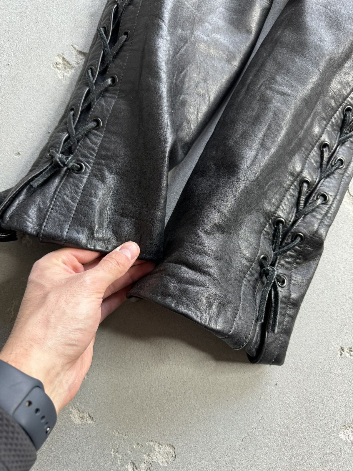 Leather Vintage Real Leather Cowhide Side Laces Biker Pants 7298AC Size US 32 / EU 48 - 7 Thumbnail