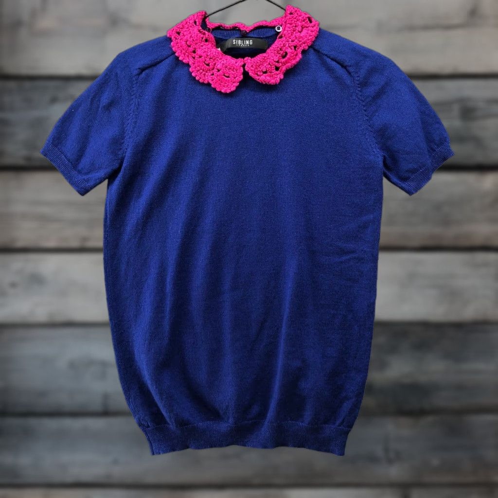 Sibling Sibling London Merino Wool Short Sleeve Sweater M Women Crochet Collar Blue Pink Size M / US 6-8 / IT 42-44 - 1 Thumbnail