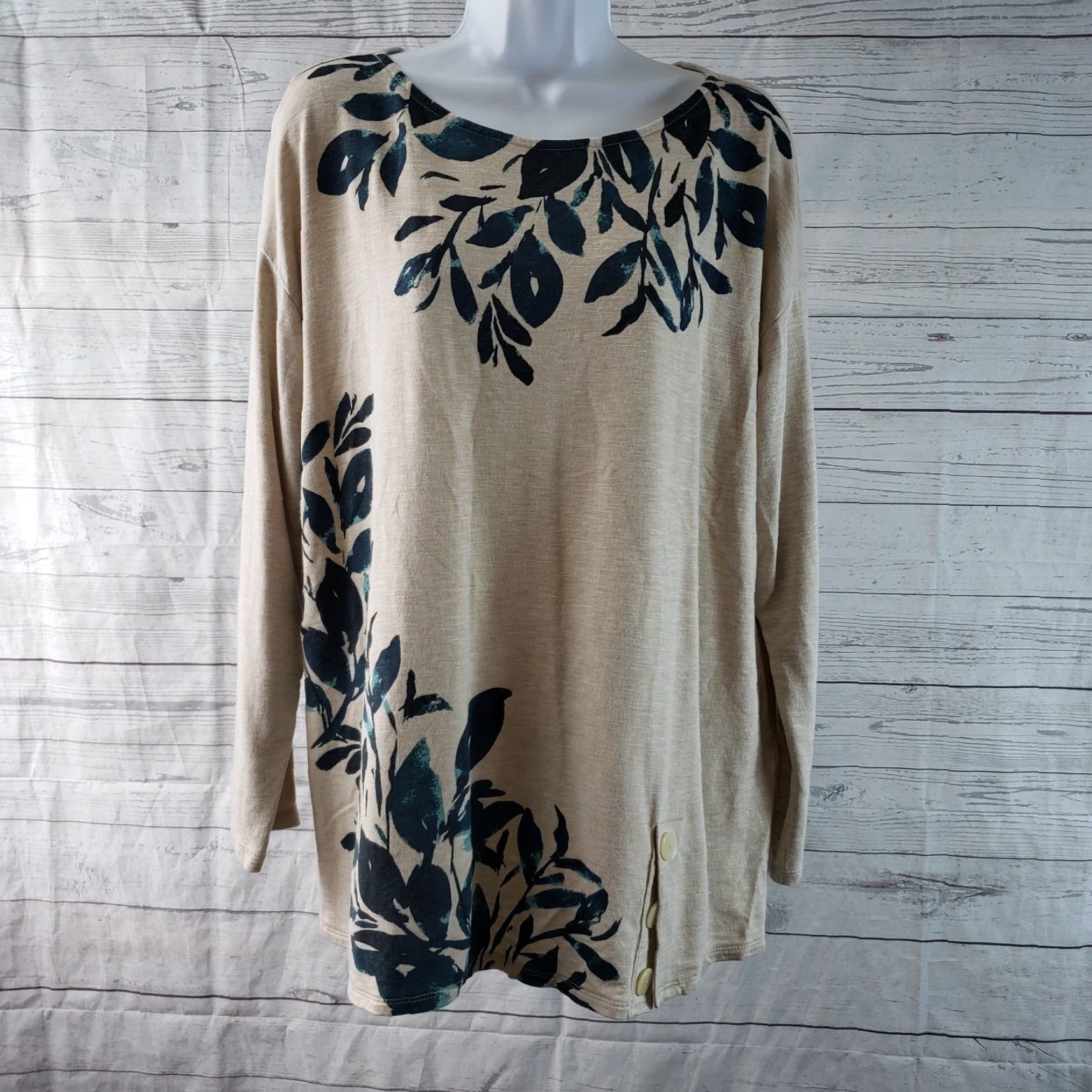 Vintage PureJill Womens Blouse Long Sleeve Beige Blue Rayon Blend Size L XS? Wait. Size L / US 10 / IT 46 - 2 Thumbnail