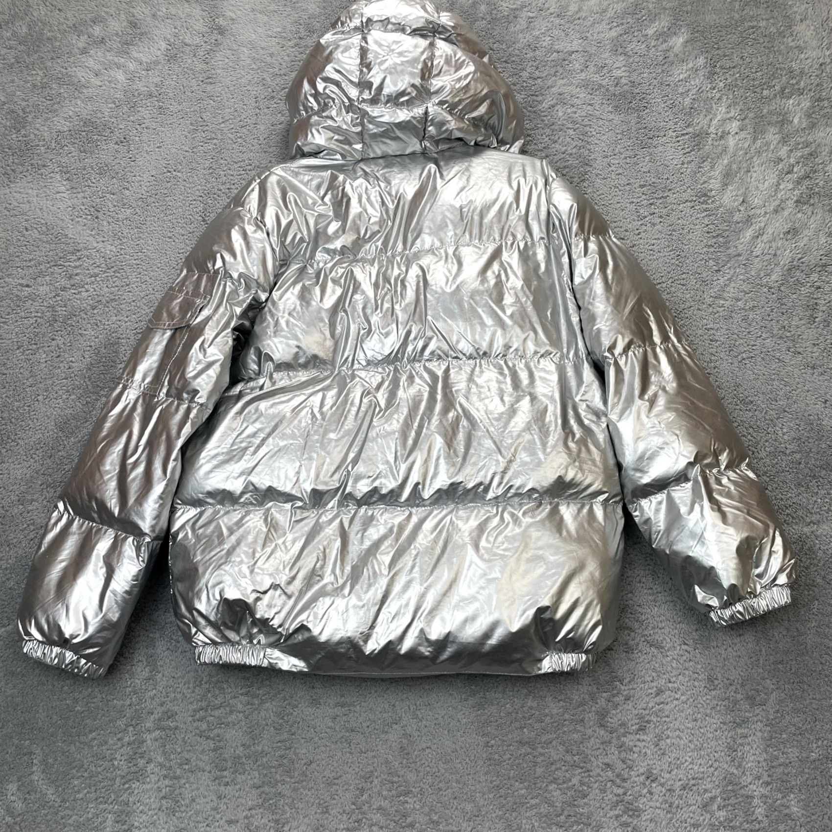 Vintage Allegra K Jacket Womens M Silver Puffer Coat Hooded Insulated Zip Short Coat Regular Size City Style Mens? Girls? Size M / US 6-8 / IT 42-44 - 2 Thumbnail