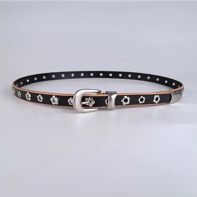 Leather × Vintage Women Flower Stud Rivet Hole Belt Size ONE SIZE - 4 Thumbnail