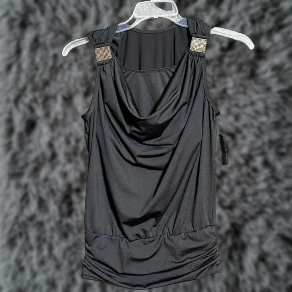 Vintage Carmen Marc Valvo Tankini Top S Black Nylon Spandex Built-In Bra Draped Glam Resort Chic Rhinestones Designer Womens Size S / US 4 / IT 40 - 1 Thumbnail